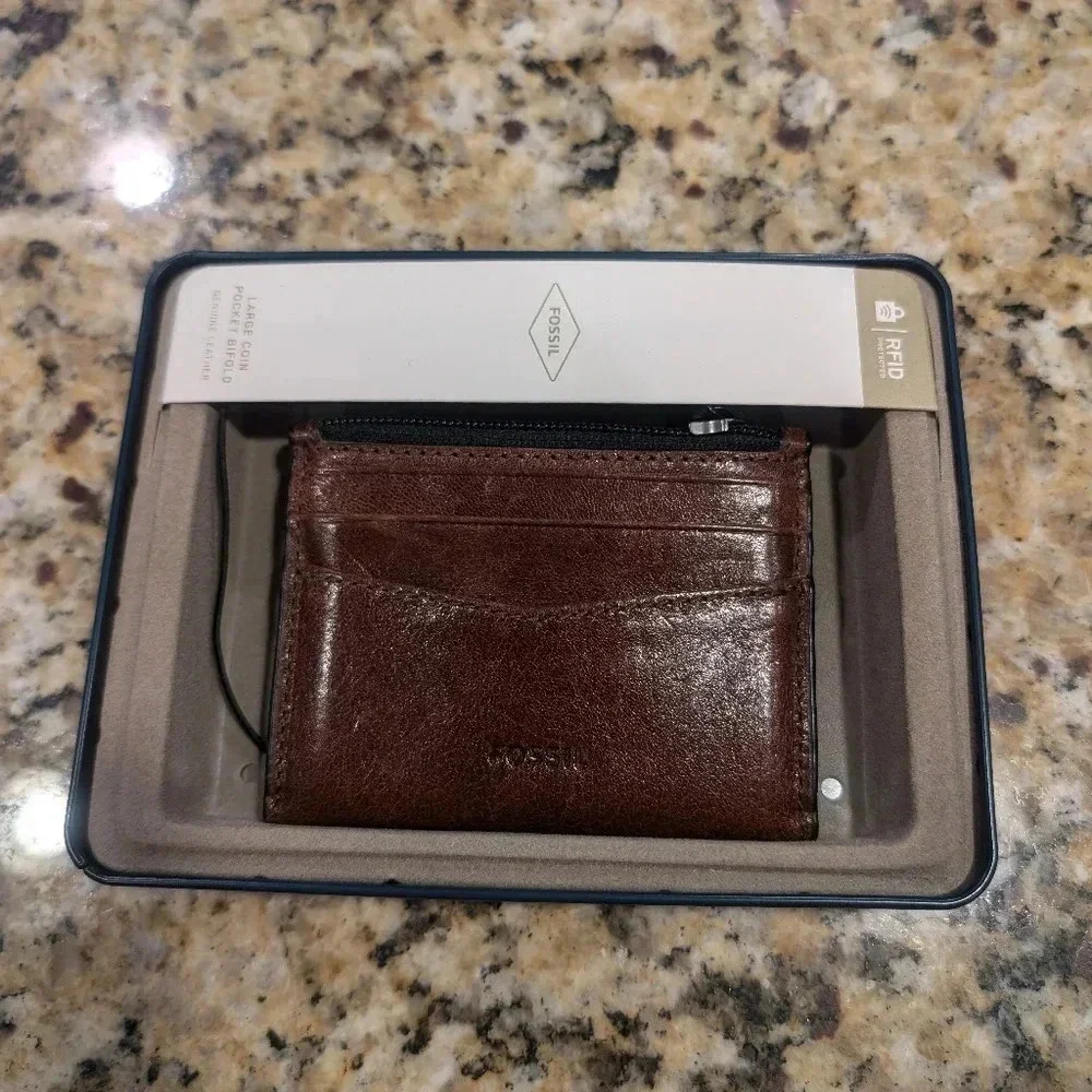 🟢New! Fossil Mens Andrew Leather Minimalist Zip Card Case Wallet w Gift Box Tin